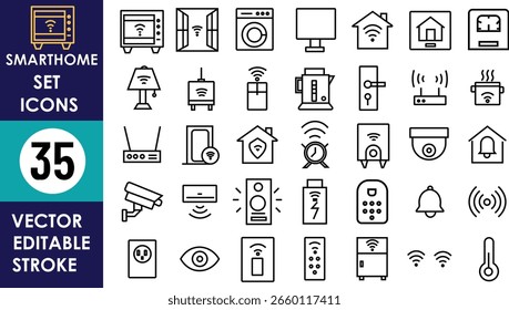 Conjunto de iconos de casa inteligente con 35 símbolos de carrera de Vector editables que incluyen termostato, cámara de vigilancia, cerradura inteligente, electrodomésticos, alarma, Wi-Fi, sensores, enrutador y automatización