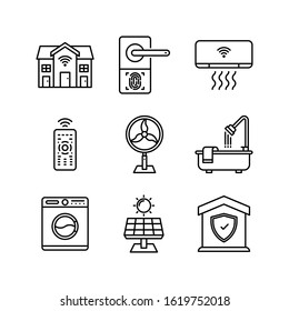 Smart Home icon set = House, Door knob, Ac, Remote Control, Fan, bathtub, washing machine, solar panel, home security