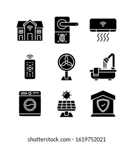 Smart Home icon set = House, Door knob, Ac, Remote Control, Fan, bathtub, washing machine, solar panel, home security