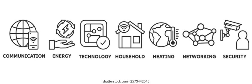 Smart Home icon set illustration concept with icon of communication, energy, technology, household, heating, networking, security	