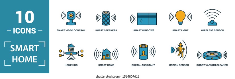Smart Home icon set. Include creative elements digital assistant, robot vacuum cleaner, smart video control, smart light, home hub icons. Can be used for report, presentation, diagram, web design.