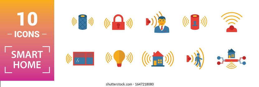 Smart Home icon set. Include creative elements digital assistant, robot vacuum cleaner, smart video control, smart light, home hub icons. Can be used for report, presentation, diagram, web design.
