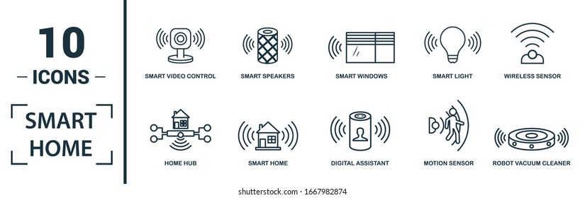 Smart Home icon set. Include creative elements digital assistant, robot vacuum cleaner, smart video control, smart light, home hub icons. Can be used for report, presentation, diagram, web design.