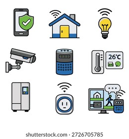 A smart home icon set including smartphone security house automation smart light bulb surveillance camera voice assistant thermostat smart refrigerator wireless plug and home monitoring system