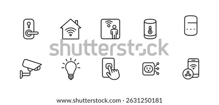 Smart home icon set - outline, automation, security, lighting, connectivity symbols