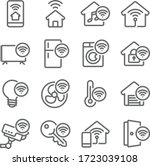 Smart Home icon set vector illustration. Contains such icon as Smart TV, Smart Light, Safety House, Temperature control, Electric Equipment and more. Expanded Stroke