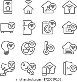 Icono Smart Home conjunto ilustración vectorial. Contiene iconos como Smart TV, Smart Light, Safety House, Control de temperatura, Equipo eléctrico y más. Trazo expandido