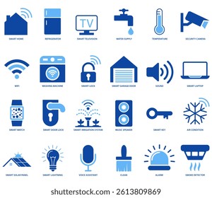 Smart home icon set vector illustration, modern internet of things symbols including lighting, security, automation, climate control and wireless network technology for UI, apps, or websites