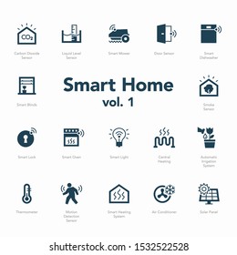 Smart Home Icon Set Volume 1 Isolated On Light Background. Contains Such Icons Smart Heating System, Thermometer, Liquid Level Sensor, Motion Detection Sensor And More.