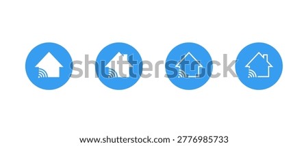 Smart home icon set with wireless signal. House wifi symbol in blue circle