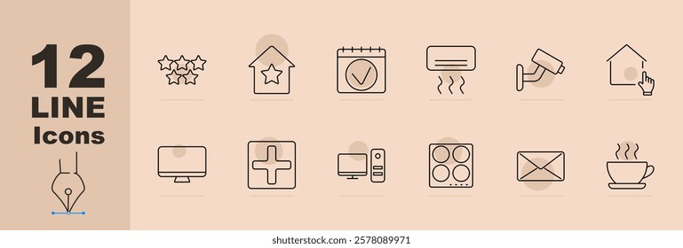 Smart home icon. Star rating, favorite house, schedule, air conditioner, surveillance camera, touch interface, monitor, medical screen, email, coffee cup, stove control. Smart living home automation