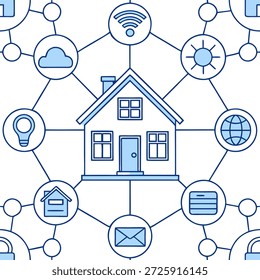 Casa inteligente com inovação de tecnologia de ícone e conceito de rede de Internet simboliza conectividade futurista e eficiência no local de trabalho. conceito como Destaca a integração da tecnologia na vida diária para interação contínua e produtividade aprimorada. no Conceito de Stock de Fotos e espaço vazio no lado esquerdo, sem texto —ar 7:2 —tile