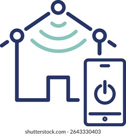 Smart home icon with wireless signal and smartphone control. EPS format may outline strokes—contact me if you need fully editable lines.