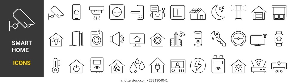 iconos de inicio inteligentes. control de iluminación, calefacción, aire acondicionado. automatización doméstica y monitoreo remoto. Trazo editable. 