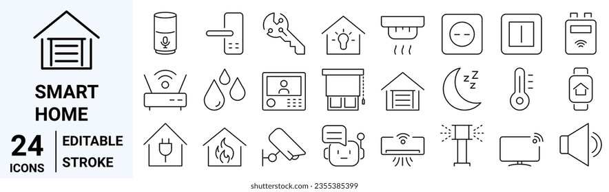 smart home icons. control of lighting, heating, air conditioning. home automation and remote monitoring. Editable stroke. 