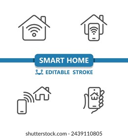 Smart Home Icons. House, Technology, Smartphone, Mobile Phone, Wireless, WiFi Icon. Professional, 32x32 pixel perfect vector icon. Editable Stroke