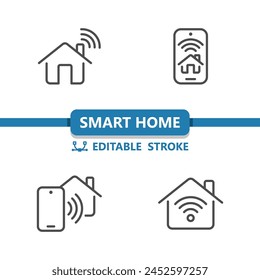 Smart Home Icons. House, Technology, Smartphone, Wireless, WiFi Icon. Professional, 32x32 pixel perfect vector icon. Editable Stroke