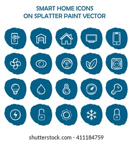 Smart home icons on blue splatter paint. Flat icons on round paint stains background. Icons, symbol, logo