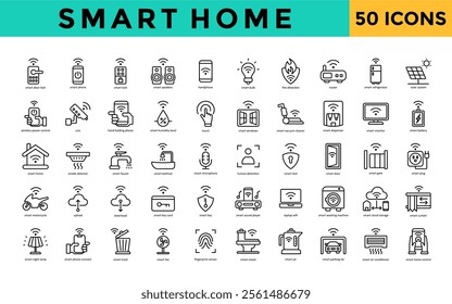 Smart Home icons set with door lock, smart phone, smart lock, smart speakers, handphone,bulb, fire detection, router, refrigerator, solar system icon. Simple line vector 