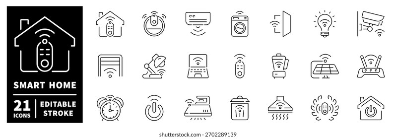 Conjunto de iconos de casa inteligente. iconos de línea editables, esquema, iot y símbolos de automatización