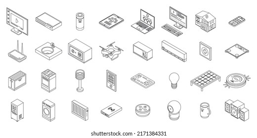 Smart home icons set. Isometric set of smart home vector icons outline isolated on white background