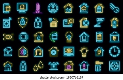 Smart home icons set. Outline set of smart home vector icons neon color on black
