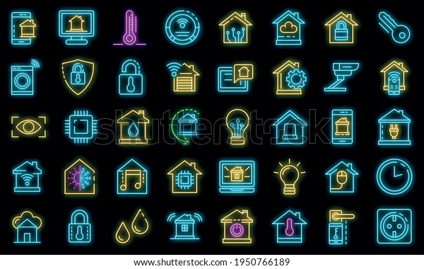 Smart home icons set. Outline set of smart home\
vector icons neon color on\
black