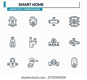 Conjunto de iconos de hogar inteligente: inteligente, sistema de seguridad, tecnología VR, coche autónomo, colección de Vector de contorno remoto.