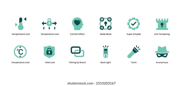 Smart Home Icons Set - Temperature Control, Security, and More. IoT Icons - Flat Vector Graphics for Smart Devices and Automation.