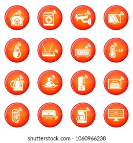 Smart home icons set vector red circle isolated on white background 