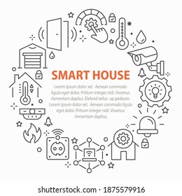 Smart home icons, such as automation system, security, surveillance and more. Banner illustration.