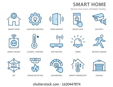 Smart home icons, such as security, garage, wifi router, automation and more. Vector illustration isolated on white. Editable stroke.