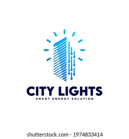 Smart Home Idea logo template, Tech City with light bulb logo designs concept, Real Estate logo Vector Illustration