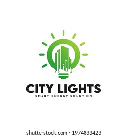 Smart Home Idea logo template, Tech City with light bulb logo designs concept, Real Estate logo Vector Illustration