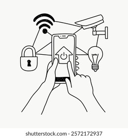 Smart home illustration with phone controlling security, lighting, and surveillance. Features lock, camera, and light bulb icons for smart technology. Simple black line art doodle vector.