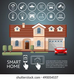 Smart home infographic with facade house and icons technology system. Flat design style vector illustration concept of smart house  with centralized control..