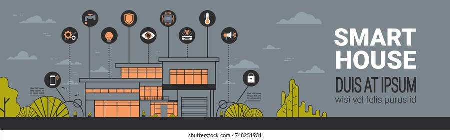 Smart Home Infographics Horizontal Banner Modern House Wireless Control Technology System Concept Vector Illustration