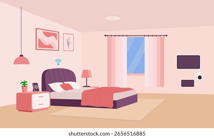 Hogar inteligente dentro del dormitorio Ver concepto de tecnología inteligente, Ilustración vectorial