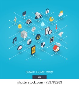 Smart Home Integrated 3d Web Icons. Digital Network Isometric Interact Concept. Connected Graphic Design Dot Line System. Abstract Technology Background For Automation House Security. Vector Infograph