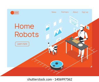 Smart home integrated humanoid household assistant cleaner and animal robots isometric landing page website design vector illustration  