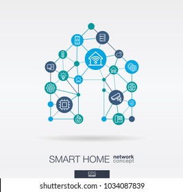 Smart home integrated thin line web icons. Digital neural network interact concept. Connected graphic design polygons, circles system. Automation house security vector abstract technology background