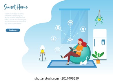 Smart Home, Intelligent Home Technology Online Connecting Home Appliances With Smartphone. Woman Using Digital Tablet Control Electronic Home Devices. 