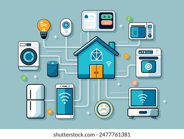 Smart home with interconnected devices illustration, light blue background, concept of IoT automation. Vector illustration