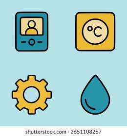 Smart home interface icons featuring intercom temperature control gear settings and water management for modern automation systems