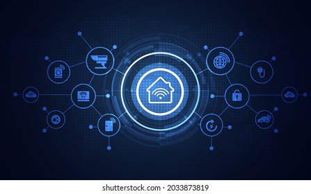 Smart home interface icons in room interior. Concept control and modern technology on a virtual screen, user touching a button. vector design.