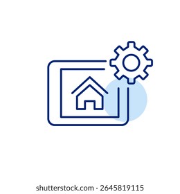 Smart home interface on tablet and cogwheel. Home automation settings, smart device configuration, connected home control, IoT system management, personalized environment setup. Pixel perfect, editabl