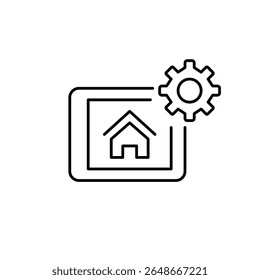 Smart home interface on tablet and cogwheel. Home automation settings, smart device configuration, connected home control, IoT system management, personalized environment setup. Pixel perfect, editabl
