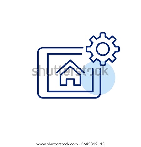 Smart home interface on tablet and cogwheel. Home automation settings, smart device configuration, connected home control, IoT system management, personalized environment setup. Pixel perfect, editabl