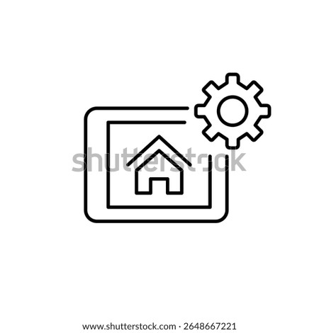 Smart home interface on tablet and cogwheel. Home automation settings, smart device configuration, connected home control, IoT system management, personalized environment setup. Pixel perfect, editabl