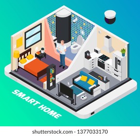 Smart home interior isometric design with light system stove tv controlled with wearable mobile devices vector illustration